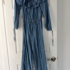 Women's Blue Ruffle Denim Jumpsuit. By designer. New